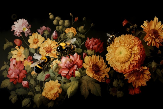 Hay una pintura de flores y una abeja en una mesa generativa ai