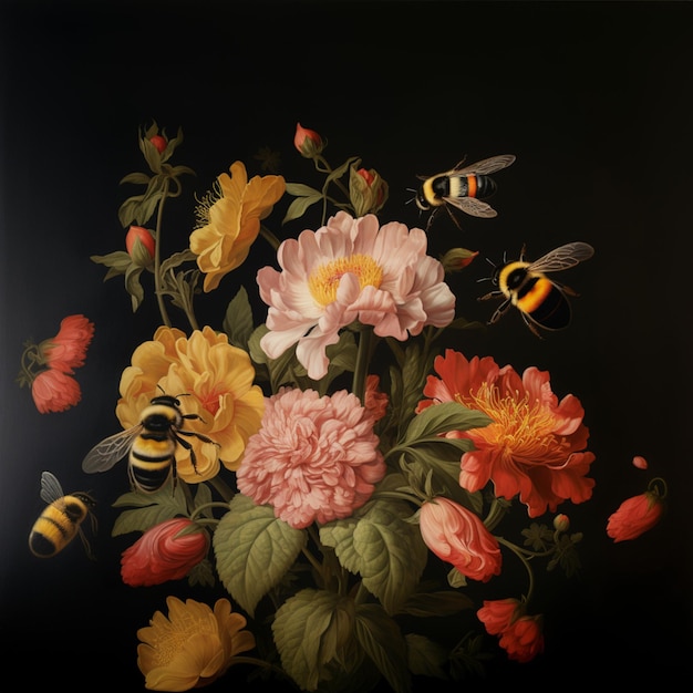 hay una pintura de flores y abejas en un fondo negro generativo ai