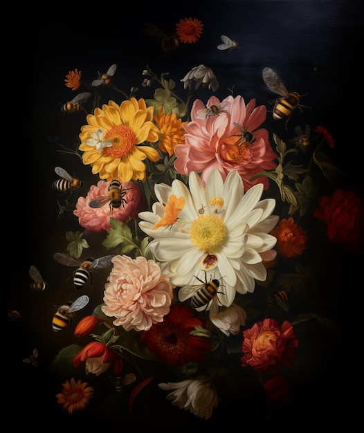 Hay una pintura de flores y abejas en un jarrón generativo ai