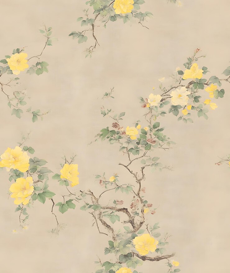 hay una pintura de flores amarillas en un fondo beige