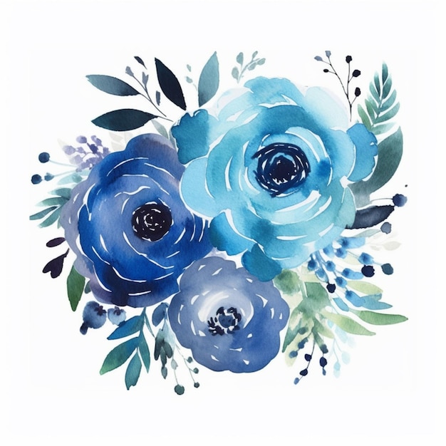 Hay una pintura de flores azules sobre un fondo blanco ai generativo