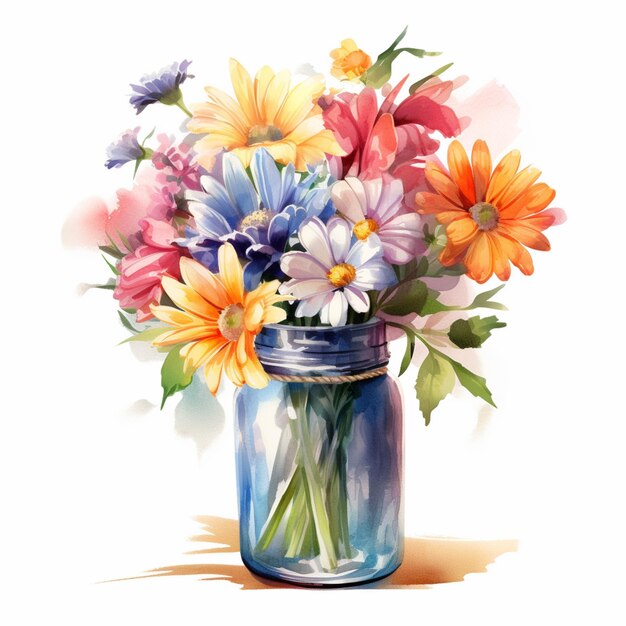 Hay una pintura de un frasco con flores en él generativo ai