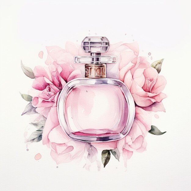 hay una pintura de un frasco de perfume con flores ai generativo