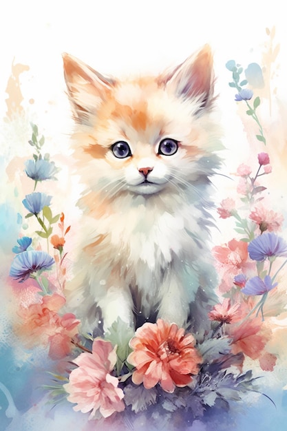 Hay una pintura de un gato sentado en una mesa de flores generativo ai