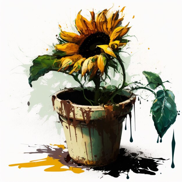 Foto hay una pintura de un girasol en una olla con un goteo de pintura generativa ai