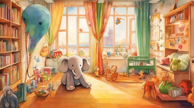 hay una pintura de una habitación con un elefante de peluche en ella generativa ai