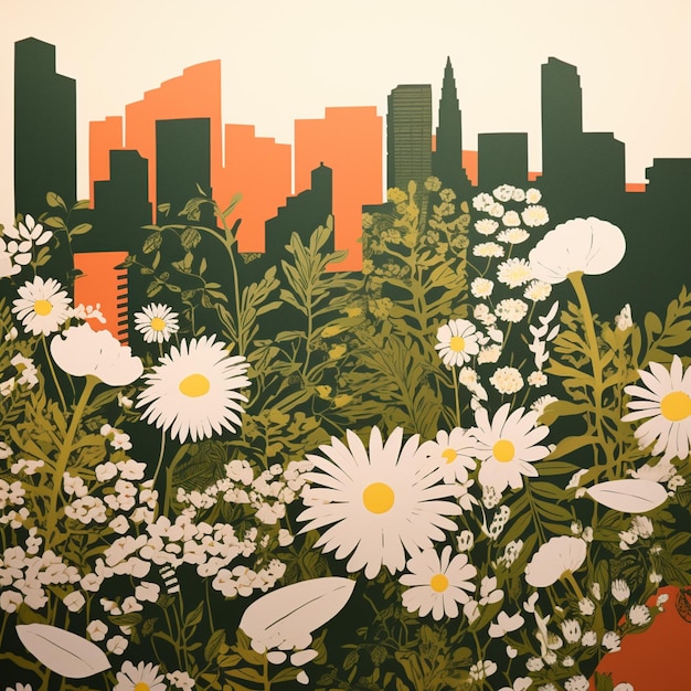 Foto hay una pintura de un horizonte de la ciudad con flores en primer plano