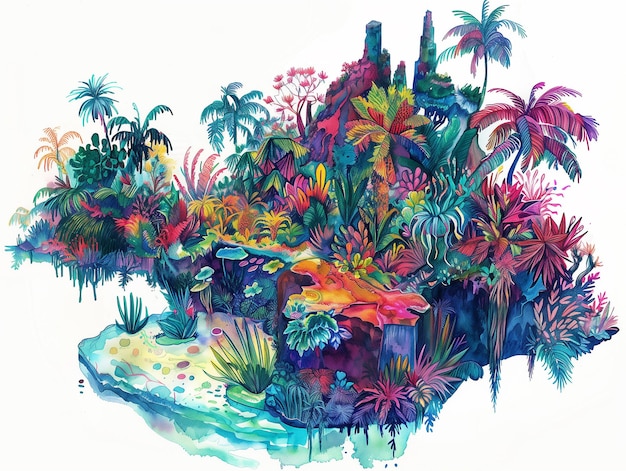 Hay una pintura de una isla tropical con una cascada generativa ai