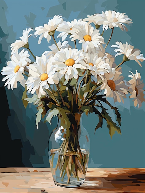 hay una pintura de un jarrón con flores blancas en su interior ai generativo