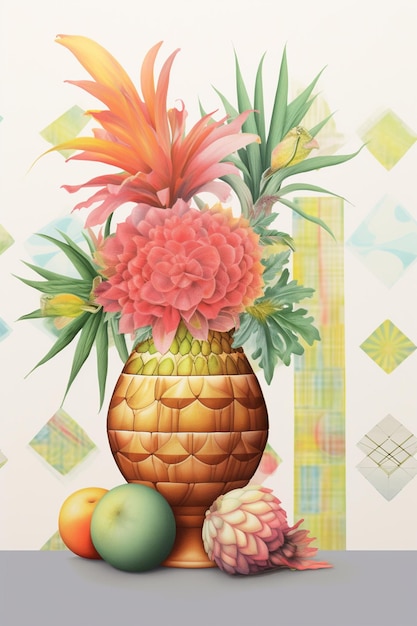 hay una pintura de un jarrón con flores y frutas en la mesa generativo ai