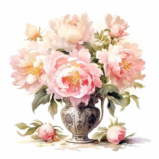 Hay una pintura de un jarrón con flores rosas en él generativo ai