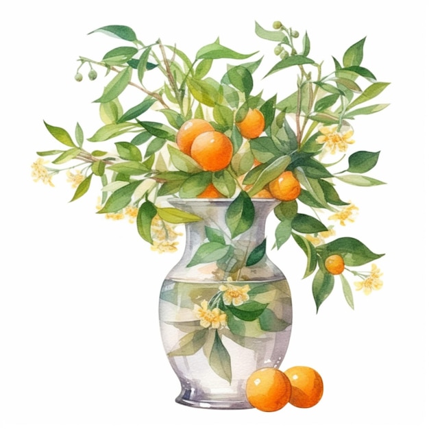 hay una pintura de un jarrón con naranjas y flores generativa ai