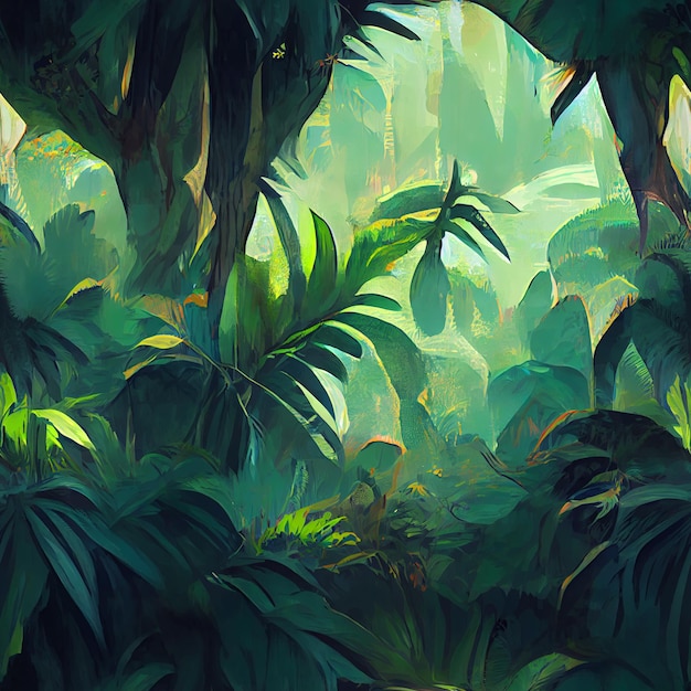 Hay una pintura de una jungla con muchas plantas generativas ai