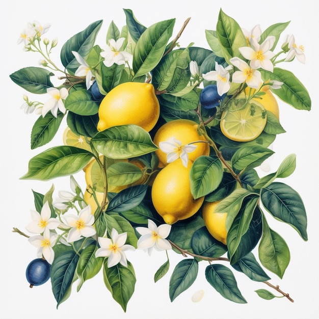 Hay una pintura de limones y flores en una rama generativa ai