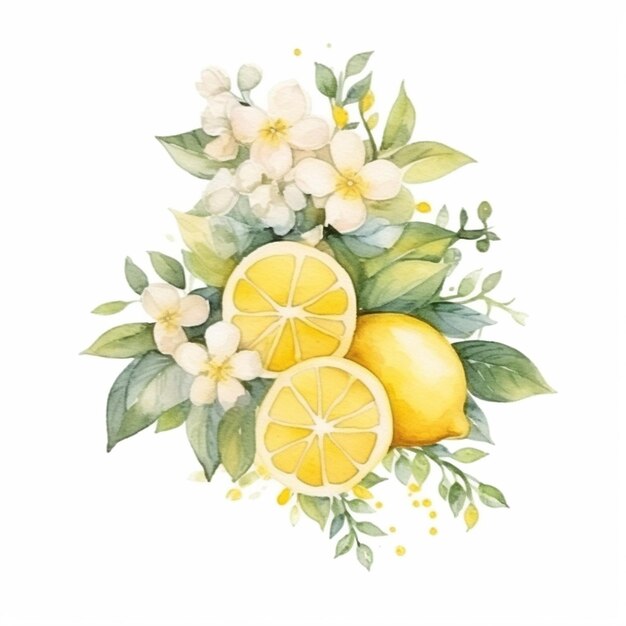 Hay una pintura de limones y flores sobre un fondo blanco ai generativo