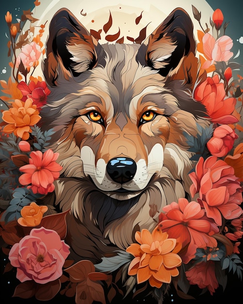 Hay una pintura de un lobo con flores a su alrededor.