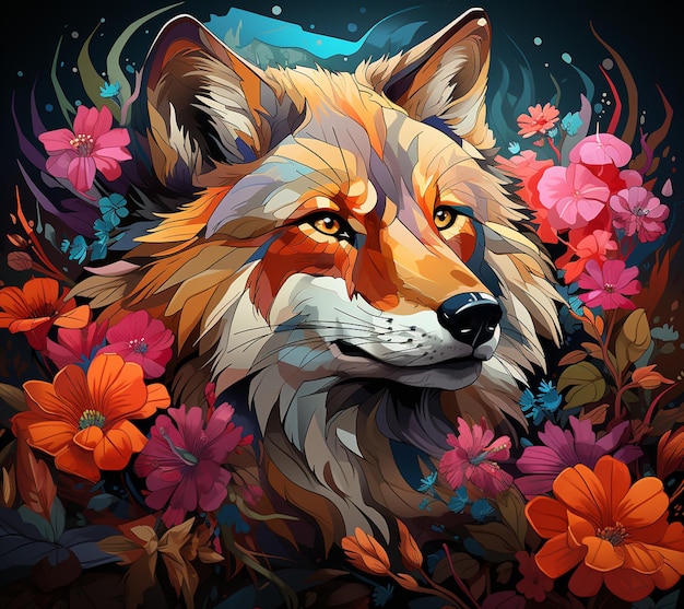 Hay una pintura de un lobo rodeado de flores generativa ai