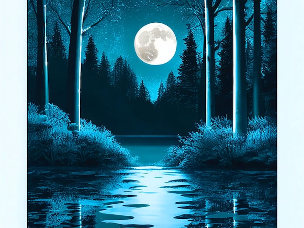 Foto hay una pintura de una luna llena sobre un río generativo