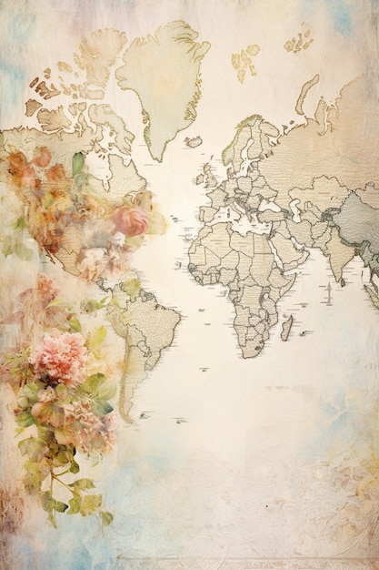 Foto hay una pintura de un mapa del mundo con flores generativas ai