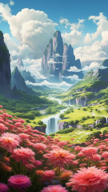 hay una pintura de una montaña con una cascada y flores ai generativo