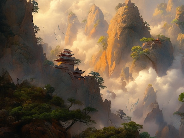 hay una pintura de una montaña con una pagoda en la cima ai generativa