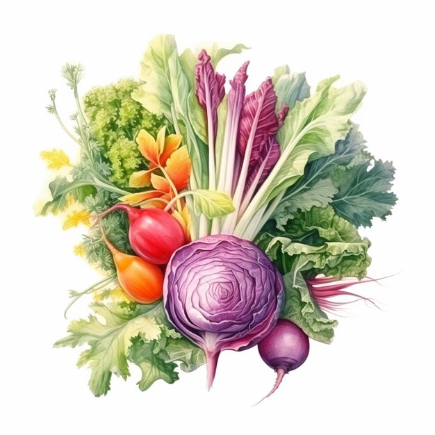 Foto hay una pintura de un montón de verduras en un fondo blanco generativo ai