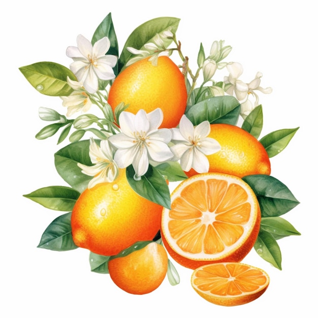Hay una pintura de naranjas y flores sobre un fondo blanco ai generativo