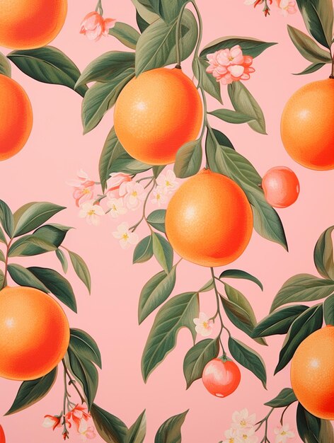 Foto hay una pintura de naranjas y flores sobre un fondo rosa ai generativo