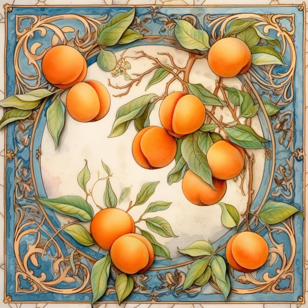 hay una pintura de naranjas en un plato azul y blanco ai generativo