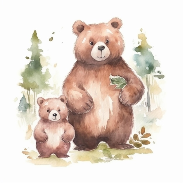Hay una pintura de un oso y un osezno generativo ai