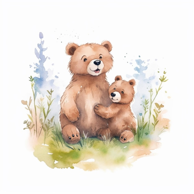Hay una pintura de un oso y un osezno sentados juntos generative ai