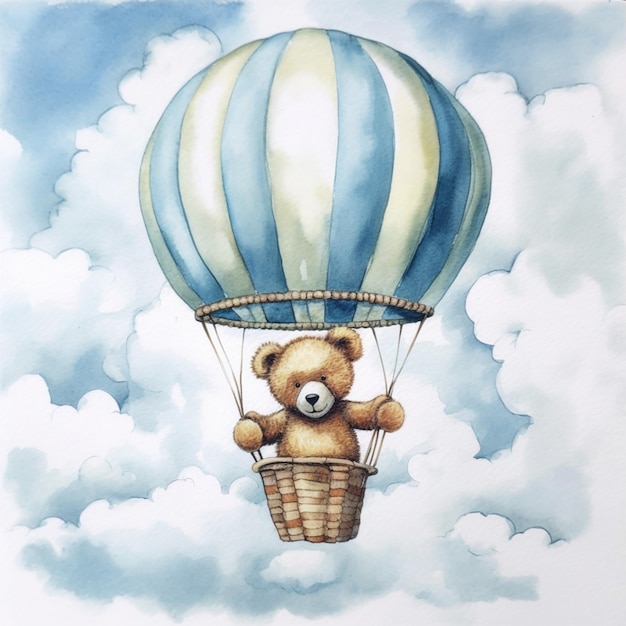 Hay una pintura de un oso de peluche en una canasta volando en el cielo generativo ai