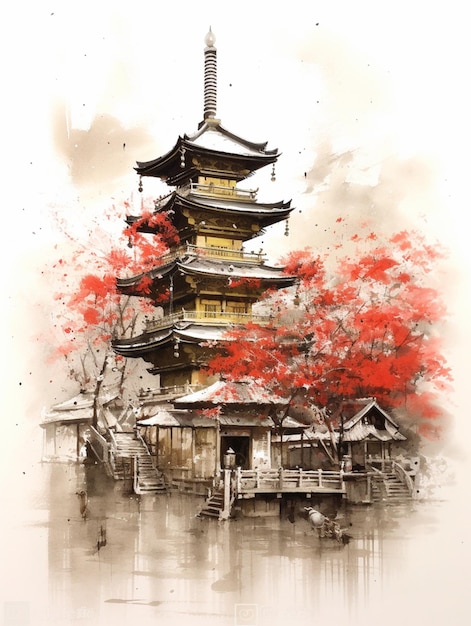 Hay una pintura de una pagoda con flores rojas en ella generativa ai