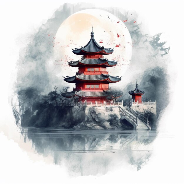 Hay una pintura de una pagoda con una luna llena en el fondo generativo ai