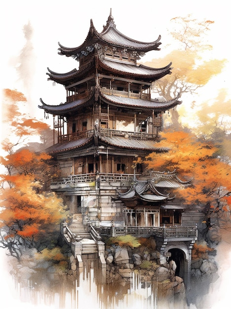 Hay una pintura de una pagoda en el medio de un bosque generativo ai