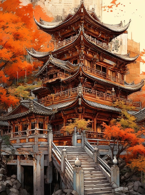 Hay una pintura de una pagoda en el medio de un bosque generativo ai