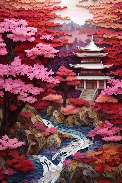 Hay una pintura de una pagoda en el medio de un bosque generativo ai