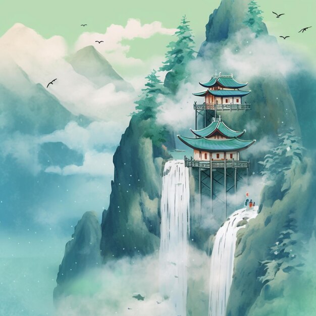 Hay una pintura de una pagoda en una montaña con una cascada generativa ai