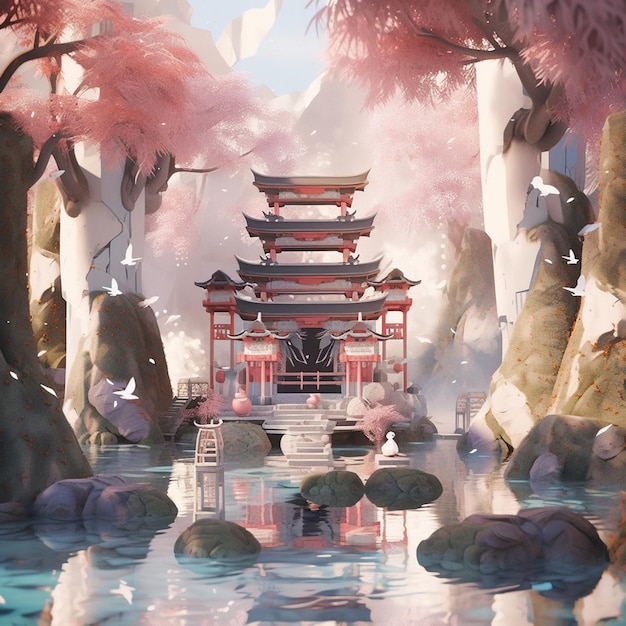 hay una pintura de una pagoda en un paisaje japonés ai generativo