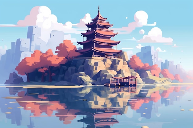 Hay una pintura de una pagoda en una pequeña isla generativa ai