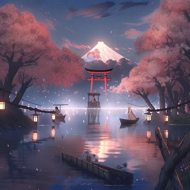 hay una pintura de un paisaje japonés con una pagoda y barcos generativos ai