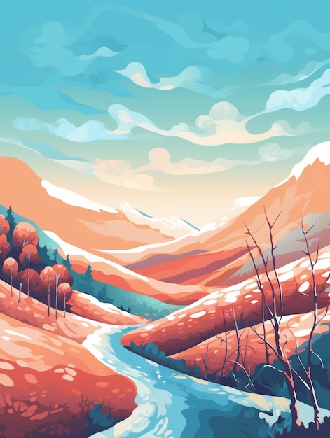 hay una pintura de un paisaje de montaña con un río ai generativo