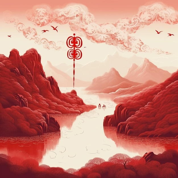 Hay una pintura de un paisaje rojo con un río y montañas generativas ai