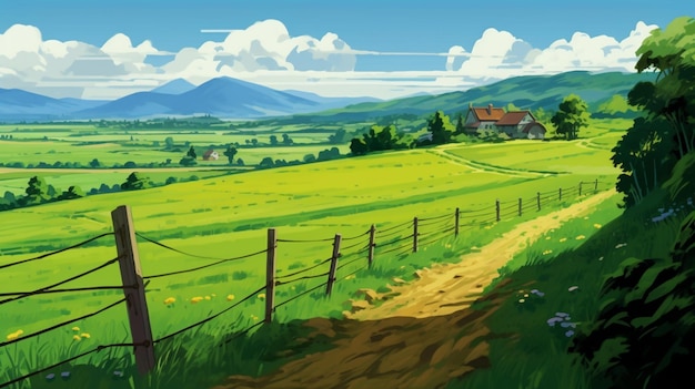 Hay una pintura de un paisaje rural con una cerca generativa ai