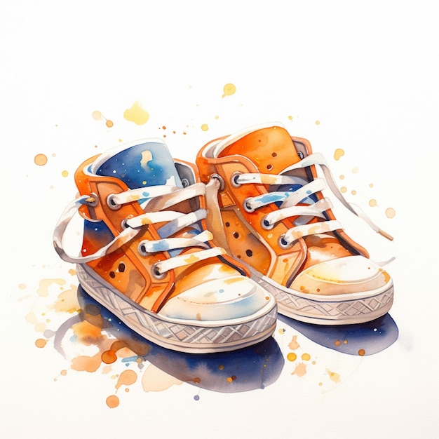 hay una pintura de un par de zapatillas de deporte de color naranja con cordones azules y blancos generativos ai