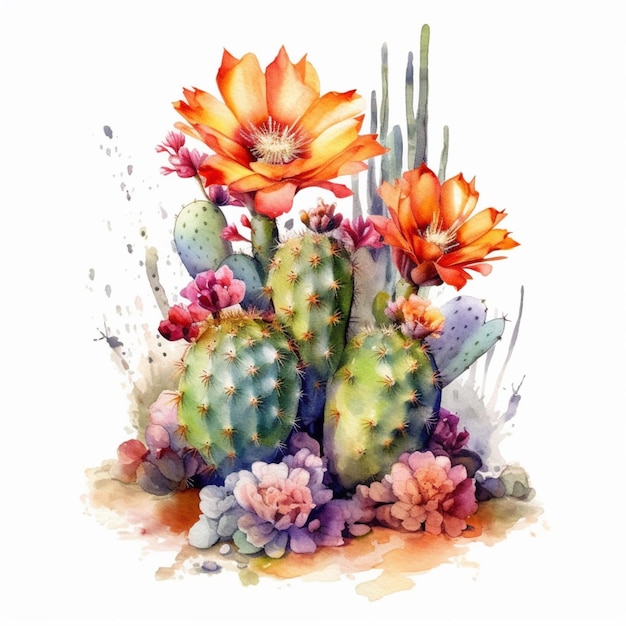 Hay una pintura de una planta de cactus con flores en ella generativa ai