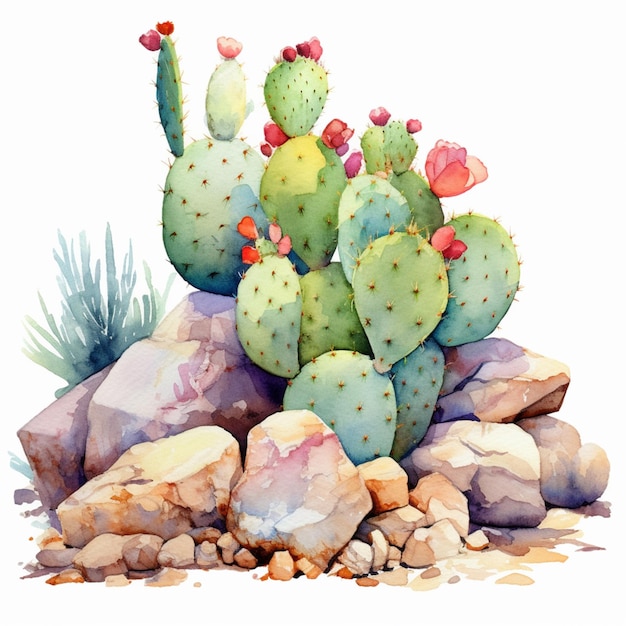 Hay una pintura de una planta de cactus con rocas y rocas ai generativo.