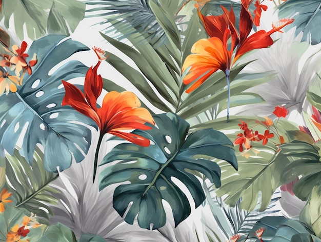 Hay una pintura de una planta tropical con flores de naranja generativa ai