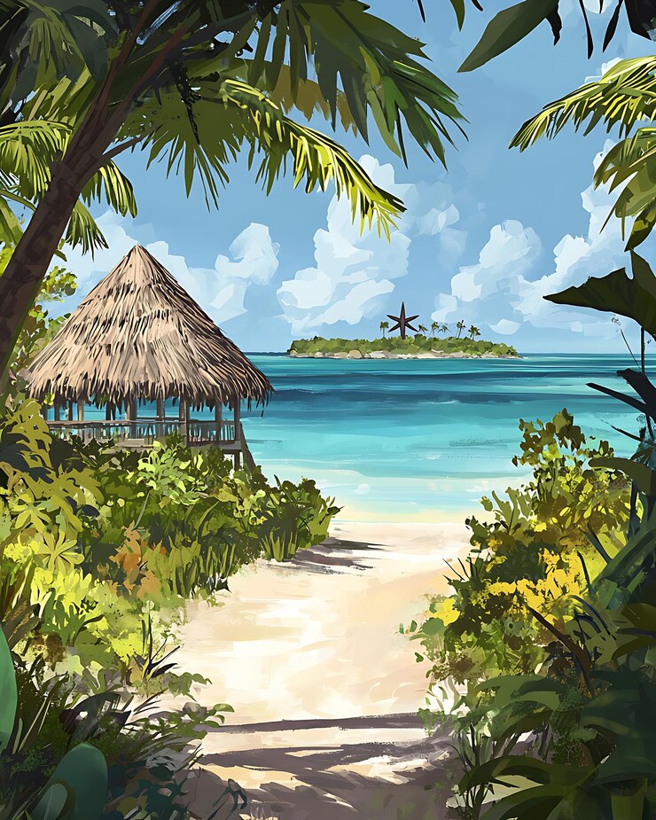 hay una pintura de una playa tropical con una cabaña en la orilla