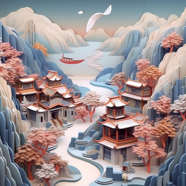 hay una pintura de un pueblo chino con un barco en el agua ai generativo